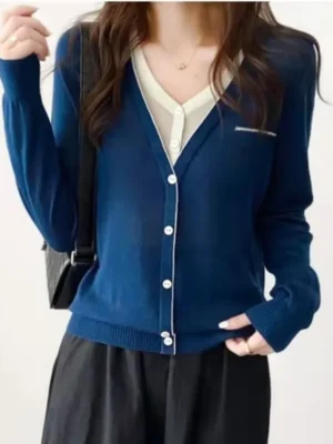 2023-Spring-and-Autumn-Leisure-Simple-and-Fashionable-Sports-V-neck-Spliced-Contrast-Fake-Two-Piece-1