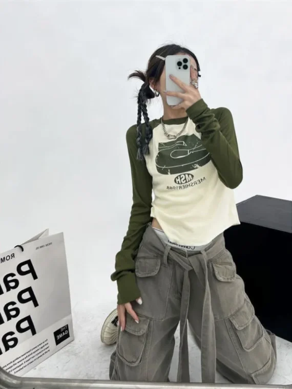 FlexElevate Vintage Patchwork Green Long Sleeve T-Shirt