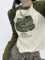 FlexElevate Vintage Patchwork Green Long Sleeve T-Shirt