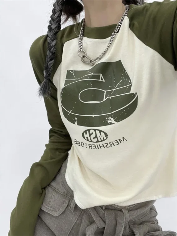 FlexElevate Vintage Patchwork Green Long Sleeve T-Shirt