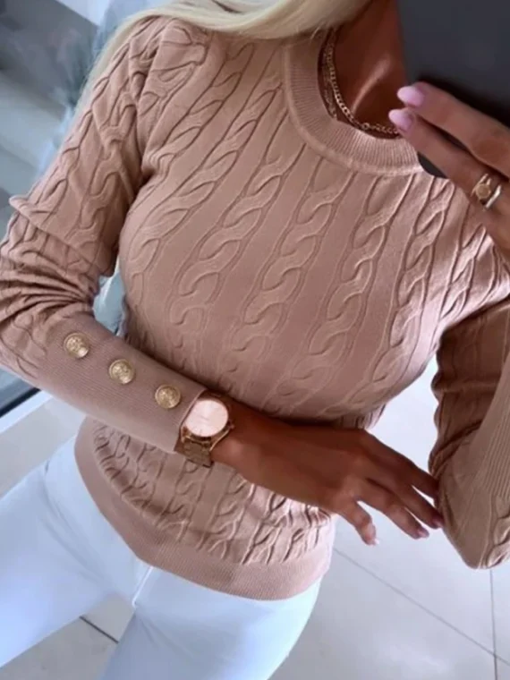 FlexElevate Buttoned Braided Knit Long Sleeve Pullover Top