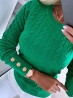 FlexElevate Buttoned Braided Knit Long Sleeve Pullover Top