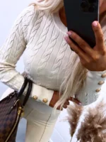 FlexElevate Buttoned Braided Knit Long Sleeve Pullover Top