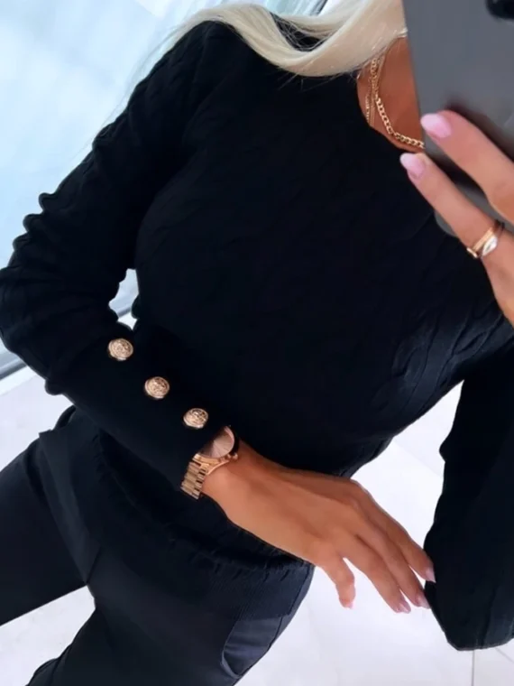 FlexElevate Buttoned Braided Knit Long Sleeve Pullover Top