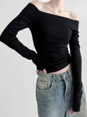 Black-Solid-Slash-Neck-Elegant-Long-Sleeve-Tops-Korean-Fashion-Slim-Sexy-Cropped-T-Shirt-Women-1