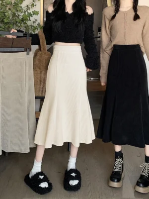 Corduroy-Long-Mermaid-Skirt-Woman-Autumn-Winter-Ruffles-High-Waist-Midi-Skirts-Women-Korean-Back-Elastic-1