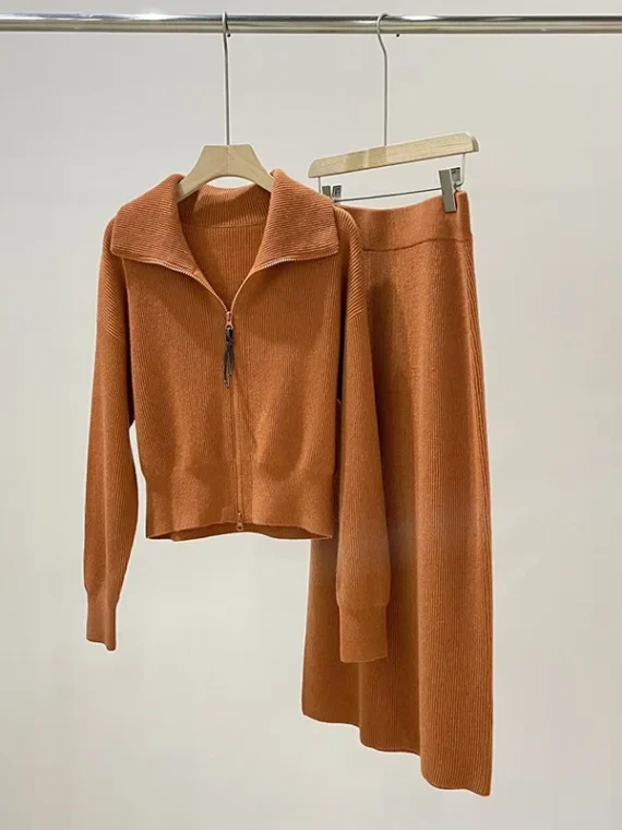 FlexElevate Chain Zipper Polo Collar Cashmere Knit Orange Cardigan