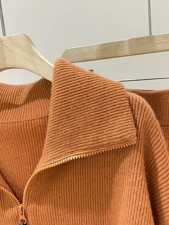 FlexElevate Chain Zipper Polo Collar Cashmere Knit Orange Cardigan