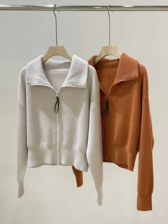 FlexElevate Chain Zipper Polo Collar Cashmere Knit Orange Cardigan