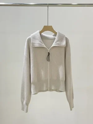 FlexElevate Chain Zipper Polo Collar Cashmere Knit Cardigan