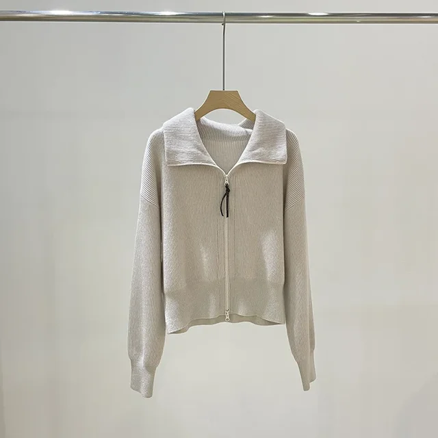 FlexElevate Chain Zipper Polo Collar Cashmere Knit Cardigan