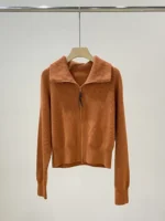 FlexElevate Chain Zipper Polo Collar Cashmere Knit Orange Cardigan