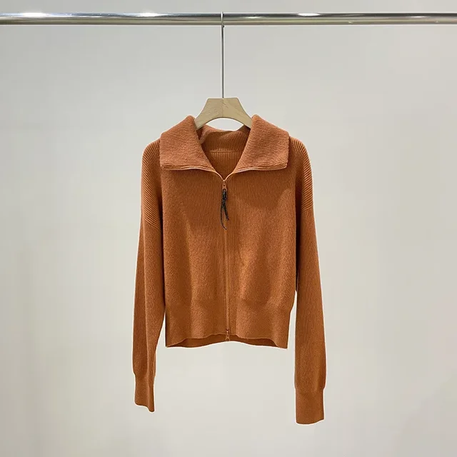 FlexElevate Chain Zipper Polo Collar Cashmere Knit Orange Cardigan