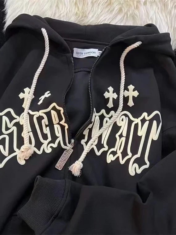 FlexElevate Goth Embroidery Zip-Up Hoodie