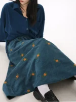 FlexElevate Corduroy Embroidery Long Skirt
