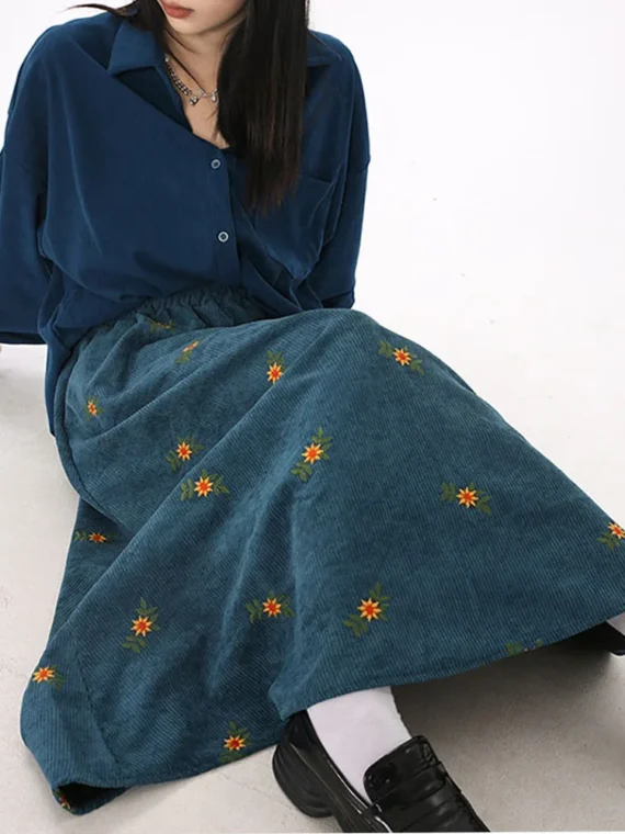 FlexElevate Corduroy Embroidery Long Skirt