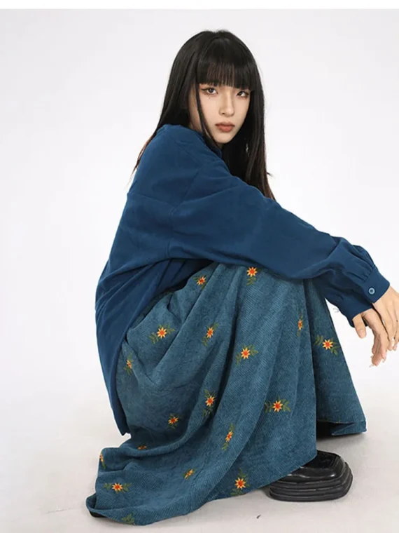 FlexElevate Corduroy Embroidery Long Skirt