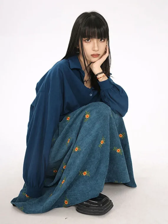 FlexElevate Corduroy Embroidery Long Skirt