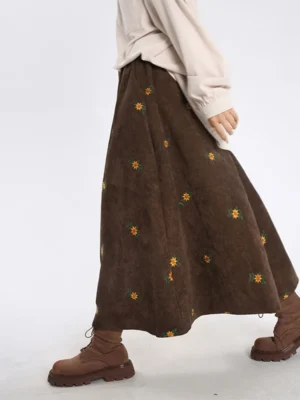 FlexElevate Corduroy Embroidery Long Skirt