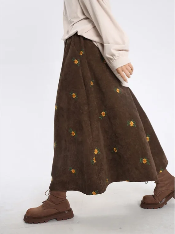 FlexElevate Corduroy Embroidery Long Skirt