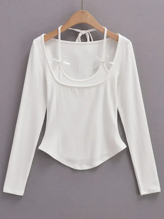 FlexElevate White Halter Neck Long Sleeve Crop Top