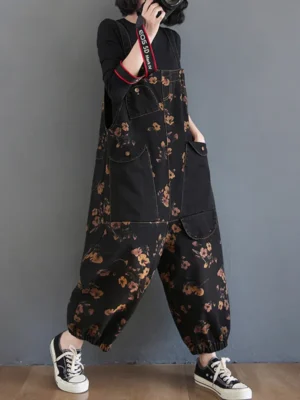 FlexElevate Vintage Print Floral Denim Jumpsuit