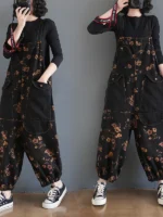 FlexElevate Vintage Print Floral Denim Jumpsuit