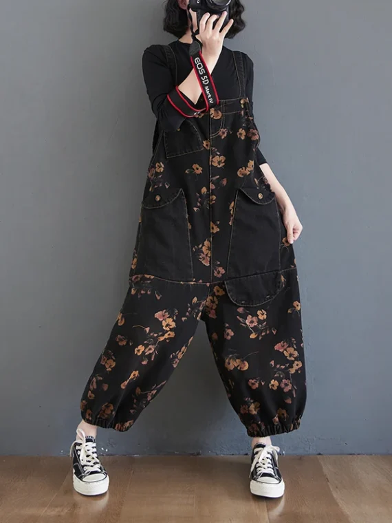 FlexElevate Vintage Print Floral Denim Jumpsuit