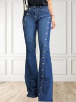 FlexElevate Plain Button Decor Flare Leg Denim Pants