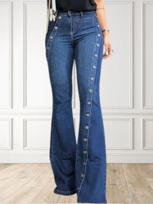 FlexElevate Plain Button Decor Flare Leg Denim Pants