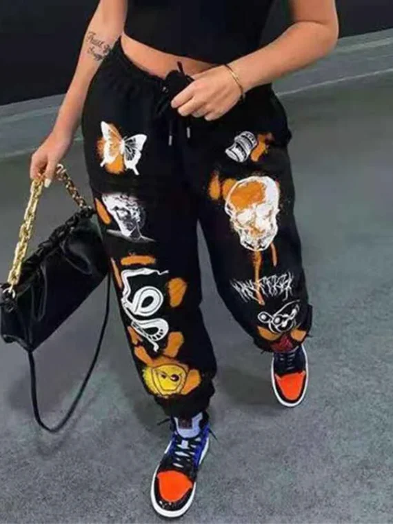 Flexelevate Y2K Harajuku Cartoon Skull Printed Sweatpants