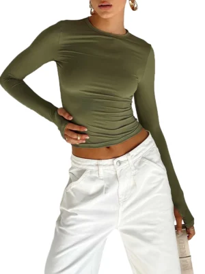 Women-T-shirt-Long-Sleeve-Crew-Neck-Solid-Slim-Fit-Ladies-Crop-Top-with-Thumb-Holes-1