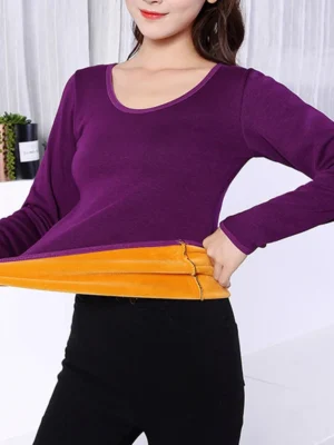 Women-Winter-Long-Sleeve-Single-Layer-Soild-Color-Velvet-Thermal-Clothing-Underwear-O-Neck-Basic-For-1