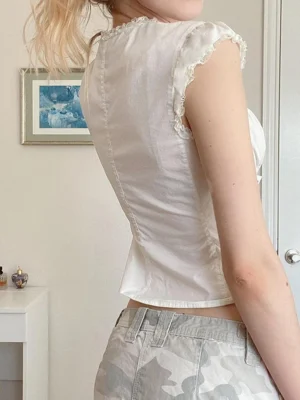 Women-s-Button-Down-T-Shirts-Cap-Sleeve-Crew-Neck-Cross-Tie-up-Front-Lace-Trim-1