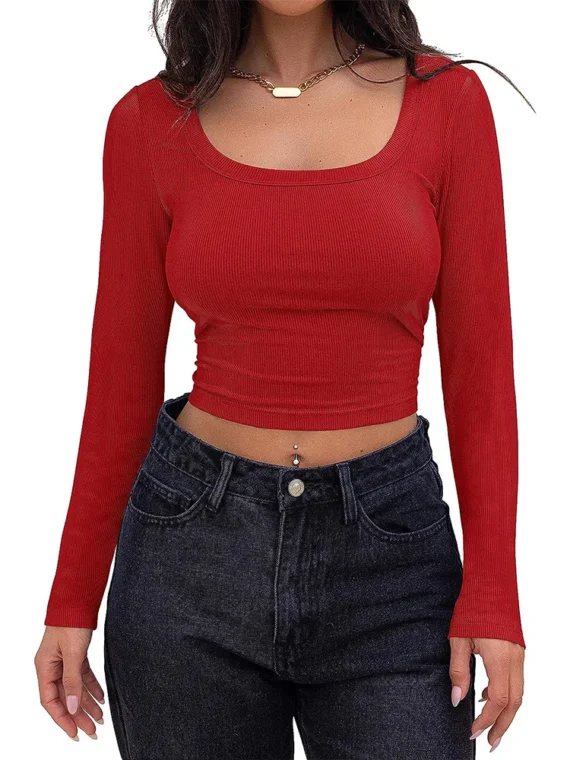 FlexElevate Women's Long Sleeve Square Neck Crop Top