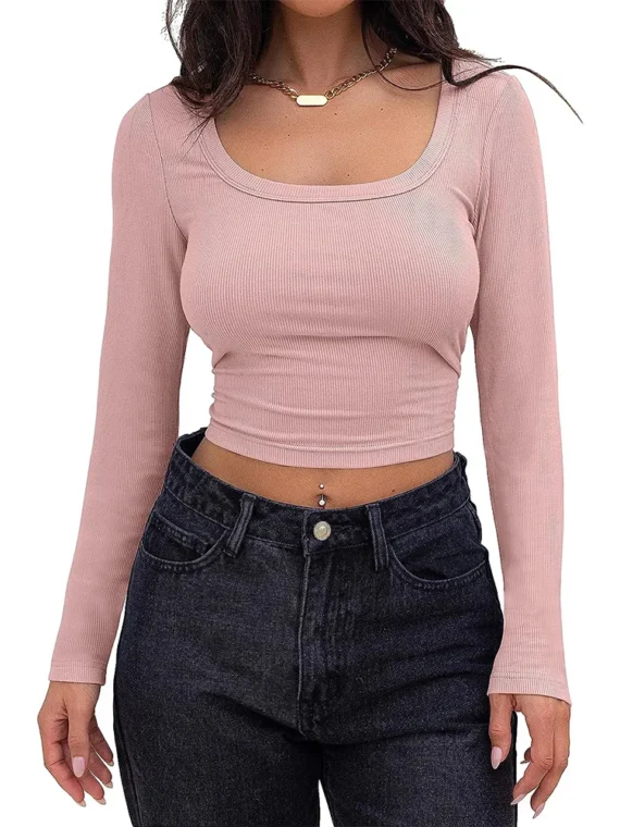 FlexElevate Women's Long Sleeve Square Neck Crop Top