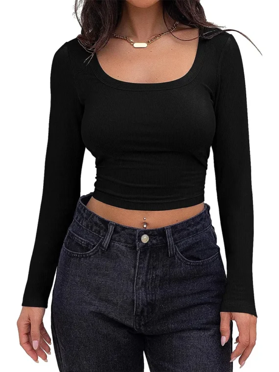 FlexElevate Women's Long Sleeve Square Neck Crop Top