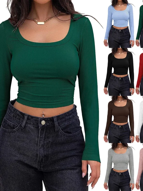 FlexElevate Women's Long Sleeve Square Neck Crop Top