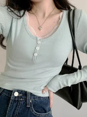 Y2K-Lace-Trim-Patchwork-Button-Knitted-Crop-Top-Cute-Long-Sleeve-V-Neck-T-Shirt-Korean-1