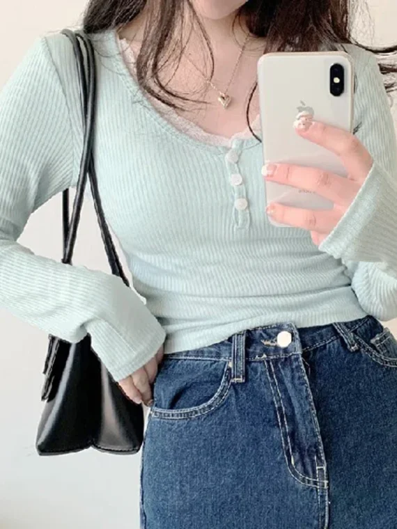 FlexElevate Y2K Lace Trim Knitted Long Sleeve Crop Top