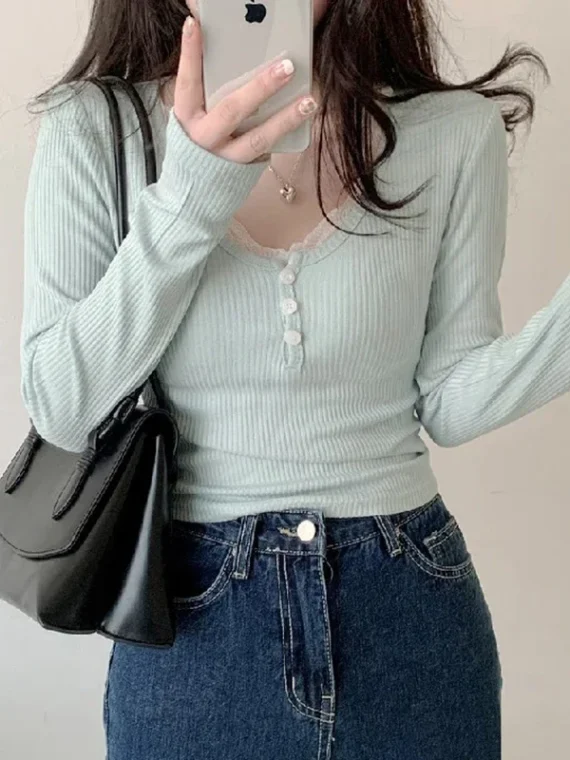 FlexElevate Y2K Lace Trim Knitted Long Sleeve Crop Top