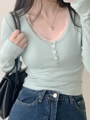 FlexElevate Y2K Lace Trim Knitted Long Sleeve Crop Top