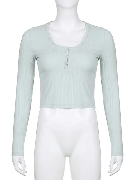 FlexElevate Y2K Lace Trim Knitted Long Sleeve Crop Top