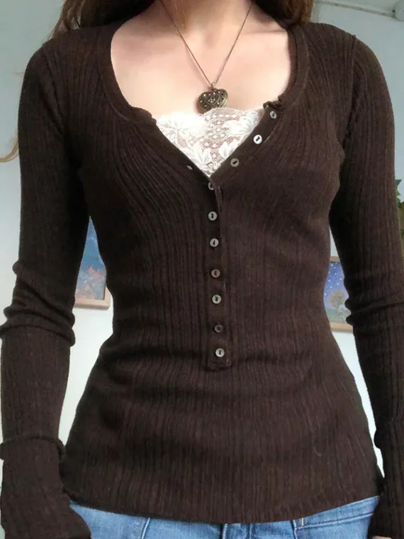 FlexElevate Y2K Lace Button T-Shirt