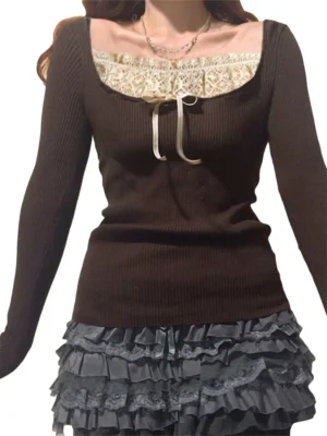 Y2k-Women-s-Long-Sleeve-Knitted-Tops-Lace-Stitching-Neckline-Knitwear-Bowknot-Decoration-Slim-Fit-Tshirt-1