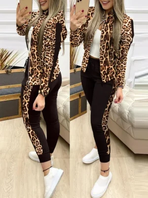Flexelevate Women's Leopard Sequin Top and Leggings Two-Piece Set