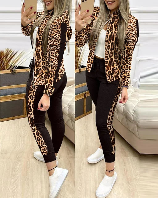 Flexelevate Women's Leopard Sequin Top and Leggings Two-Piece Set
