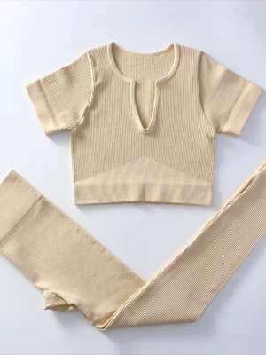 Flexelevate Women Khaki Yoga Set Seamless Workout Clothes