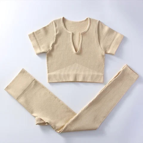 Flexelevate Women Khaki Yoga Set Seamless Workout Clothes