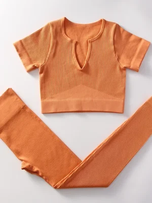 Flexelevate Women Orange Yoga Set Seamless Workout Clothes